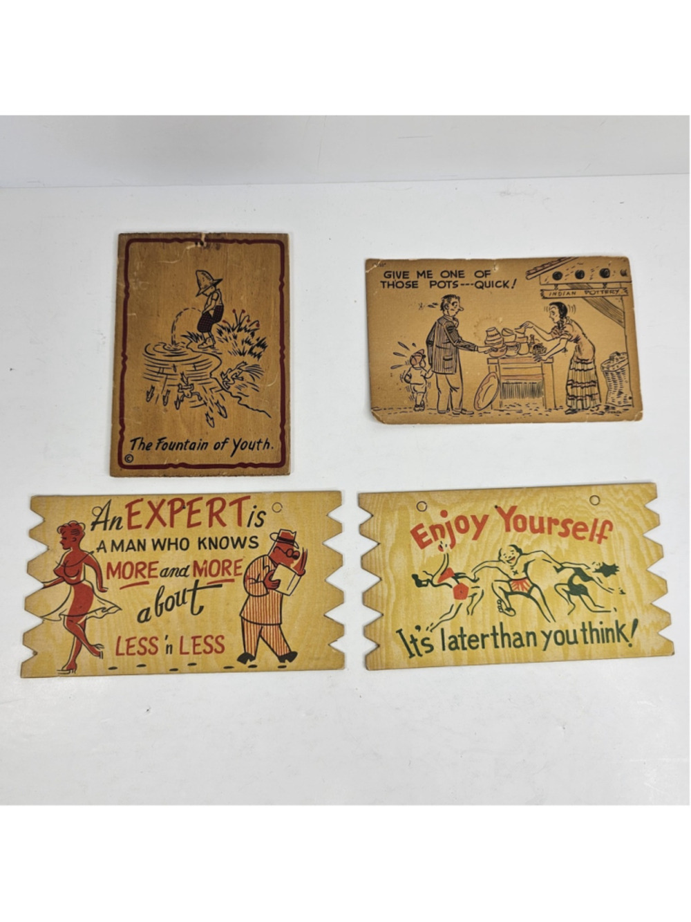 3 Wood Postcards And 1 Wood Wall Hanger Japan USA Komic Kard
